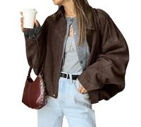 LLECDASEUI Bomber da Donna in Camoscio Finto con Cerniera Cappotto Pilota Casual Risvolto Oversize Maniche Lunghe Y2k Capispalla Cappotti (Caffè,L)