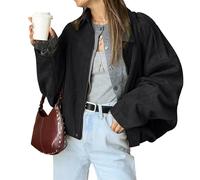 LLECDASEUI Bomber da Donna in Camoscio Finto con Cerniera Cappotto Pilota Casual Risvolto Oversize Maniche Lunghe Y2k Capispalla Cappotti (Nero,S)