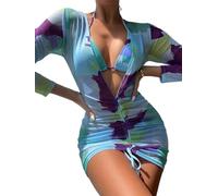 Costume da bagno sexy da donna, a maniche lunghe, con coulisse frontale, con laccetto, perizoma laterale, 3 pezzi, Stampa blu., S