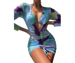 LLECDASEUI Costume da bagno sexy da donna, a maniche lunghe, con coulisse frontale, con laccetto, perizoma laterale, 3 pezzi, Stampa blu., S