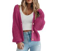 LLECDASEUI da Donna Grosso Maglia Aperto Davanti Maglione Manica Lunga Bottone Sciolto Corto Cardigan Capispalla Cappotti (Rosa Rossa,L)