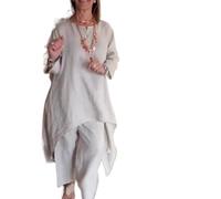 LLECDASEUI Donna 2 Pezzi In Cotone Lino Manica Lunga Girocollo Abito Maxi Irregolare Solido Pantaloni A Gamba Larga Da Indossare Tutti I Giorni Set Estivo (XXL,Grigio chiaro)