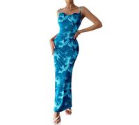 LLECDASEUI Donna 2024 Estate Spaghetti floreali Maxi abito con cinturino Stretch Sexy Bodycon Abito senza schienale Scivolare Abiti lunghi (lago Blu,S)