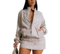 LLECDASEUI Donna In ecopelle Pelle Set 2 pezzi Manica lunga Moto Giacca Mini increspato Gonna Abito 2 pezzi Sexy Club Tuta da ginnastica (M,Bianco)
