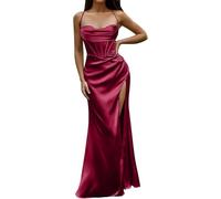 LLECDASEUI Donna Sexy Corsetto Spaghetti con cinturino Vestito maxi Elegante In raso Abiti da sera Taglio basso Spacco alla coscia A lisca di pesce Abiti lunghi (S,Vino)