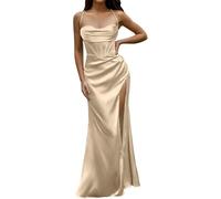 LLECDASEUI Donna Sexy Corsetto Spaghetti con cinturino Vestito maxi Elegante In raso Abiti da sera Taglio basso Spacco alla coscia A lisca di pesce Abiti lunghi (S,Beige)