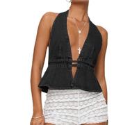 LLECDASEUI Donne Sexy Collo a V profondo Halter Denim Canotta Legatura sulla schiena Colore solido Jean senza schienale Gilet Senza spalline Top con pinces (M,Nero)