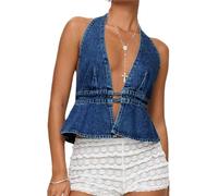 LLECDASEUI Donne Sexy Collo a V profondo Halter Denim Canotta Legatura sulla schiena Colore solido Jean senza schienale Gilet Senza spalline Top con pinces (M,Blu scuro)