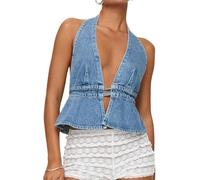 LLECDASEUI Donne Sexy Collo a V profondo Halter Denim Canotta Legatura sulla schiena Colore solido Jean senza schienale Gilet Senza spalline Top con pinces (S,Blu)