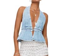 LLECDASEUI Donne Sexy Collo a V profondo Halter Denim Canotta Legatura sulla schiena Colore solido Jean senza schienale Gilet Senza spalline Top con pinces (S,Azzurro)
