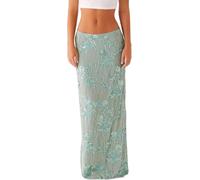 LLECDASEUI Donne Y2k Paillettes Gonna Lunga Scintillante Perline Floreale Maxi Gonna Strass Glitter Midi Gonna Streetwear (Verde,S)