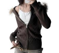 LLECDASEUI Felpa con cappuccio in pelliccia sintetica per le donne, Y2k Cavi a maglia a maniche lunghe, felpa accorciata, chiusura lampo, giacca sottile con cappuccio in pelliccia, marrone, L