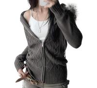 LLECDASEUI Felpa con cappuccio in pelliccia sintetica per le donne, Y2k Cavi a maglia a maniche lunghe, felpa accorciata, chiusura lampo, giacca sottile con cappuccio in pelliccia, grigio., L