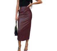 LLECDASEUI Gonna Lunga in Ecopelle da Donna Bodycon vita Alta Matita Sottile Controllo della Pancia Gonna Midi con Tasche (Rosso,M)