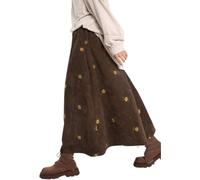 LLECDASEUI Gonne Lunghe Ricamate Floreali in Velluto a Coste da Donna Gonna Midi Elasticizzata a Vita Alta con Tasche (Marrone,L)