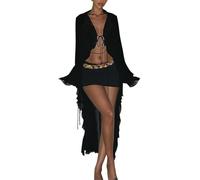 LLECDASEUI Maglia da Donna Lungo Velato Manica Svasata Cardigan da Donna Vestito Maxi in Pizzo Balze Trasparenti Copricostume da Spiaggia Festa Clubwear (Black,L)