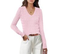 LLECDASEUI Maglione da donna a maniche lunghe con scollo a V lavorato a maglia maglione 2024 autunno pullover top carino morbido signore abiti casual eleganti, rosa, S