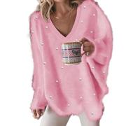 LLECDASEUI Maglione Pullover Oversize da Donna con Perle Impreziosite da Scollo a V Maniche Lunghe Trendy Dressy Estetica Maglia Top (Rosa,S)