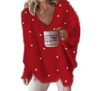 LLECDASEUI Maglione Pullover Oversize da Donna con Perle Impreziosite da Scollo a V Maniche Lunghe Trendy Dressy Estetica Maglia Top (Rosso,XXL)