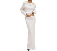 LLECDASEUI Set Di Gonne Donna Completi 2 Pezzi Fuori Spalla Maglione A Maniche Lunghe Gonna Maxi Bodycon Maglia Autunnale Set Di Maglioni (M,Bianco)