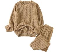 LLECDASEUI - Set di pigiama da donna con maglia a coste, pile soffice con pullover e pantaloni, set da notte morbido, pigiama invernale, Marrone, M