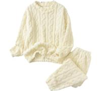 LLECDASEUI - Set di pigiama da donna con maglia a coste, pile soffice con pullover e pantaloni, set da notte morbido, pigiama invernale, Beige, M