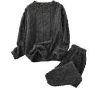 LLECDASEUI - Set di pigiama da donna con maglia a coste, pile soffice con pullover e pantaloni, set da notte morbido per il tempo libero, pigiama invernale, Nero , M