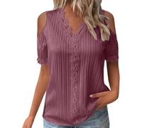 LLECDASEUI Top con Spalle Fredde per Donna Estate Pizzo Trim V Collo Maniche Corte Eleganti T Shirt Casual Camicette da Lavoro Larghe (Rosa,M)
