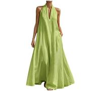 LLELEMAMO Abito Lungo Minimalista ed Elegante da Donna 2026, Abito Estivo in Lino con Scollo a V e Collo Allacciato con Tasche