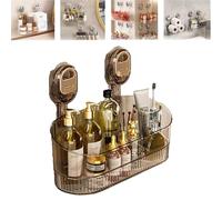 LLELEMAMO No-Drill Bathroom Suction Storage Box, Suction Cup Shower Caddy, Powerful Suction Cup Storage Rack, Strong Load-Bearing Suction Cup Shelf for Bathroom Kitchen Organizers and Storage (Gold)