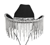 LLHCF Cappello da cowgirl per adulti cappello da cowboy con paillettes strass frangia adatta alla maggior parte delle donne per feste a tema nero bianco