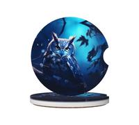LLKGOT Sottobicchieri per auto con motivo gufo al chiaro di luna, 2 assorbenti in ceramica antiscivolo, decorazioni per auto