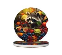 LLKGOT Sottobicchieri per auto con motivo procione tra frutti 2 assorbenti in ceramica antiscivolo, decorazioni per auto
