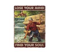 LLLDHGCBSS Targa in metallo con scritta "Fishing And Lose Your Mind Find Your Soul", poster artistico vintage, pittura in ferro, decorazione da parete per esterni, bar, garage, fattoria, 40,6 x 30,5