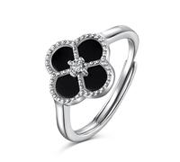 Lllunimon Anelli di apertura regolabili in argento sterling 925 Anelli di trifoglio a quattro foglie per le donne Madreperla Onice bianco Nero Lucky Clover Anelli Gioielli Regali per,Nero