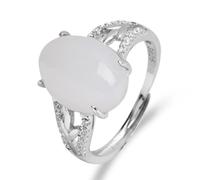 Lllunimon Anello ovale in giada bianca Anelli in giada naturale Anelli con pietre preziose in argento sterling per donna Anello regolabile da dichiarazione Gioielli regalo