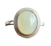 Lllunimon Anello ovale minimalista in giada bianca, anelli in giada naturale, anelli con gemma in argento sterling per donna, anello classico regolabile da regalo,Argento