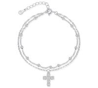 Lllunimon Bracciale a doppio strato in argento sterling con croce, bracciale con charm in zirconia cubica, 7 2 pollici regolabile, catena cristiana per donne, regalo di gioielli