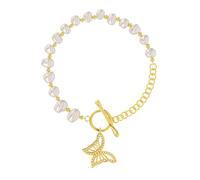 Lllunimon Bracciale di perle naturali d'acqua dolce per le donne Bracciale di perle barocche con un ciondolo a farfalla Bracciale a catena con maglie d'oro Perle O/T e catena a scorrimento,L