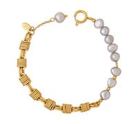 Lllunimon Catena di rame abbinata a un bracciale di perle d'acqua dolce grigie Squisito bracciale di perle a catena per le donne Catena tessuta in ottone placcato oro 18 carati