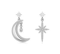 Lllunimon Orecchini asimmetrici Star Moon Orecchini da donna in argento sterling 925 Micro-zircone Gioielli eleganti Indossare tutti i giorni Un regalo per lei,Argento