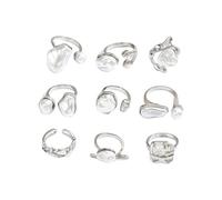 Lllunimon Set di anelli impilabili in lega con perla barocca, gioielli artistici irregolari placcati in oro, adatti per l'uso quotidiano, per feste e appuntamenti, regalo per donne,Argento