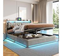 LLODERY Letto imbottito con vano portaoggetti 140 x 200 cm con luce LED e funzione di ricarica USB, letto ad aria compressa con testata multifunzionale
