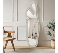 LLODERY Specchio intero da pavimento, asimmetrico, curvo, grande, con cornice in legno rivestito di flanella, per camera da letto, soggiorno, guardaroba, bianco
