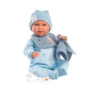Llorens 1027420 - Bambola Mimi, con occhi azzurri e corpo morbido, con vestito per cani, ciuccio, catenella e fazzoletto, 42 cm