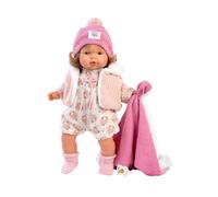 Llorens 1038572 - Bambola Lola con occhi grigi e capelli biondi, bambola con corpo morbido, vestito lavorato a maglia con berretto e coperta rosa, 38 cm