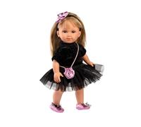 Llorens 1053553 - Bambola Lucy, con occhi azzurri e capelli biondi, con corpo morbido, con abito glitterato nero e cerchietto per capelli, 35 cm