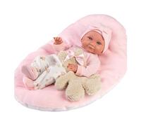 Llorens 1073808 - Bambola Nica con occhi azzurri, con corpo in vinile, con vestito, orsacchiotto e cuscino rosa, 40 cm