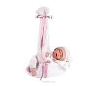 Llorens 1074006 - Bambola con occhi blu e corpo morbido, con vestitino rosa e cappello a punta, ciuccio, catenella per ciuccio e culla, 42 cm