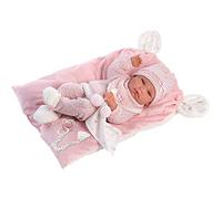 Llorens 73860 - Bambola Nica con occhi azzurri e corpo in vinile, con vestito rosa, copertura per ciuccio, catenella e cuscino morbido, 40 cm